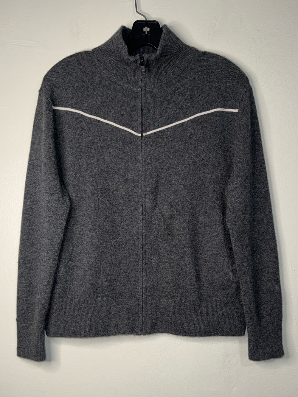 NakedCashmere Charcoal Zip-Up Sweater with White Chevron Accent